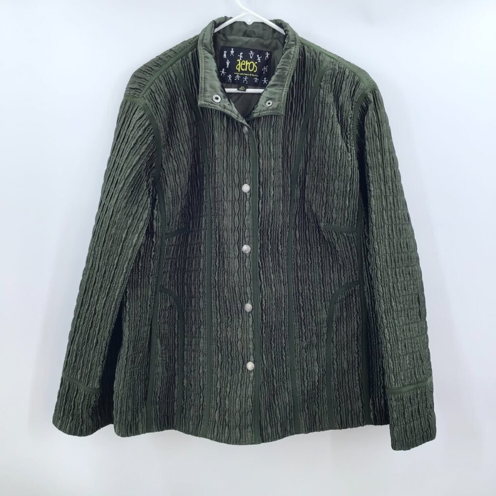 Vintage Women's 2X Aeros Green Satin Jacket Textile Art To Wear Long Sleeve Snap